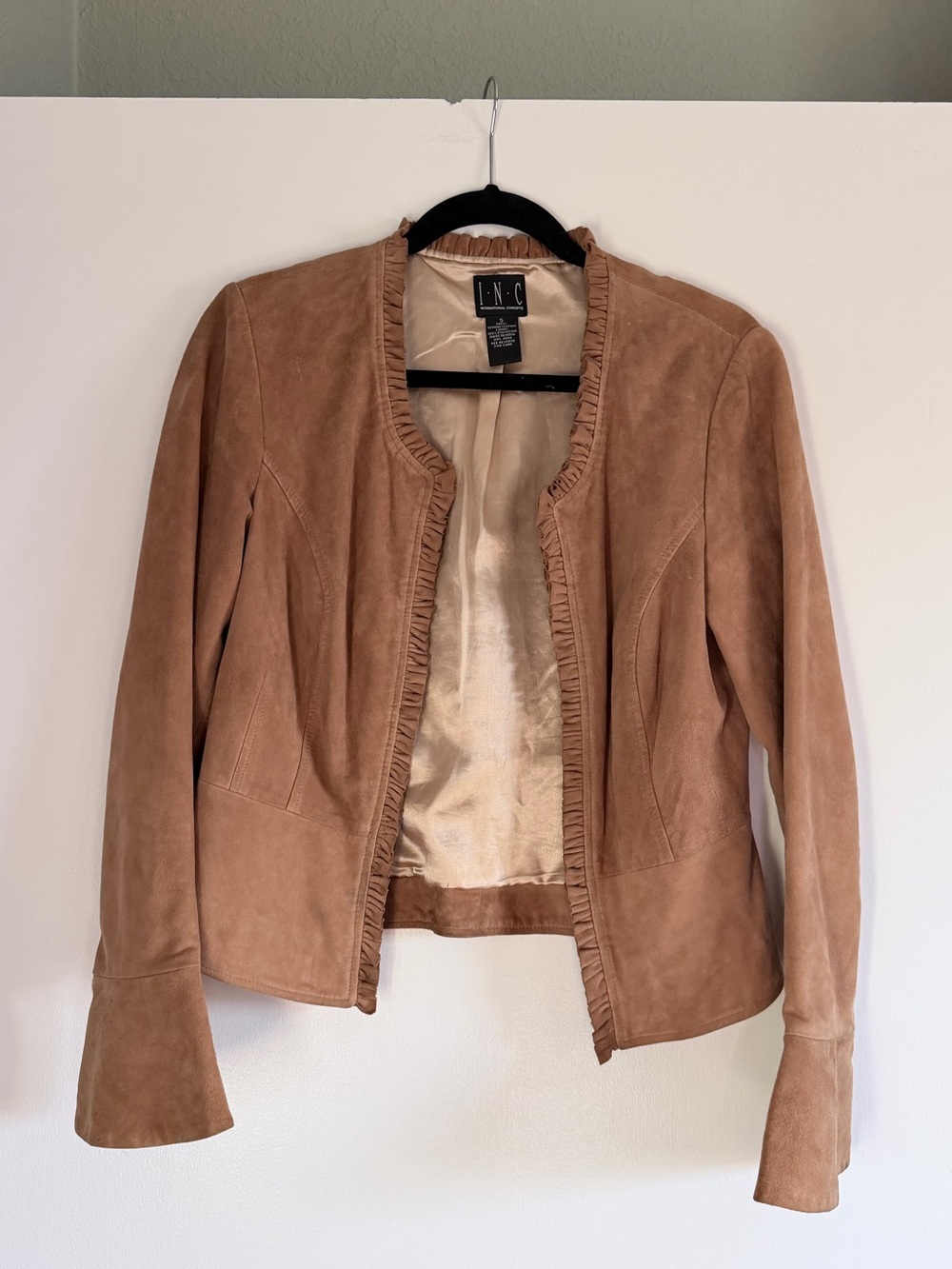 INC International Concepts Tan Genuine Suede Leather Ruffle Peplum Jacket S